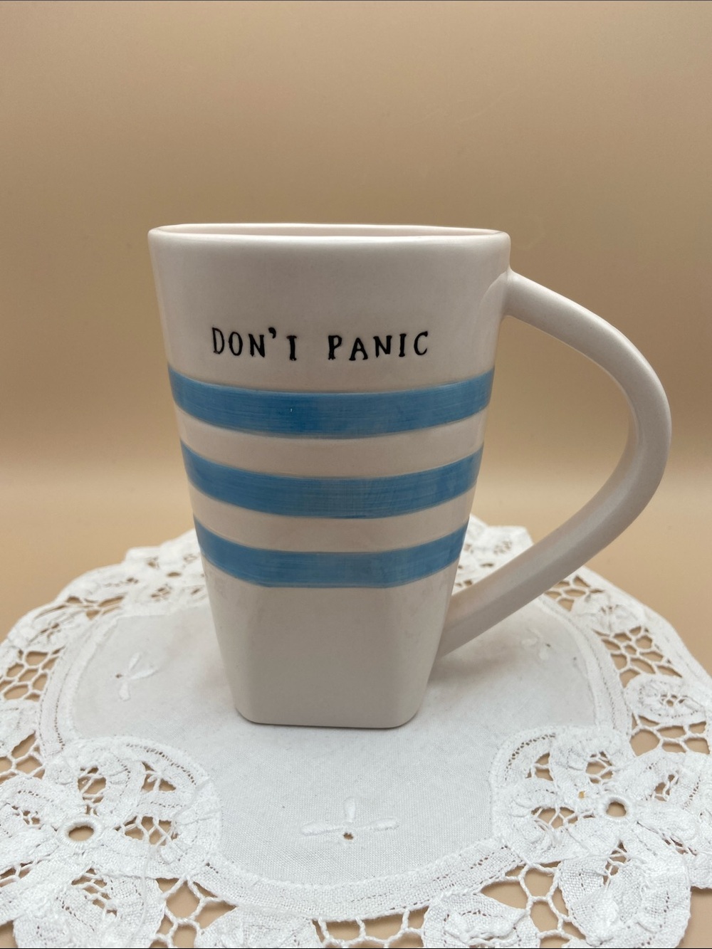 M Magenta Exclusive STAMP Rae Dunn DON'T PANIC Blue Striped Coffee Mug Vintage